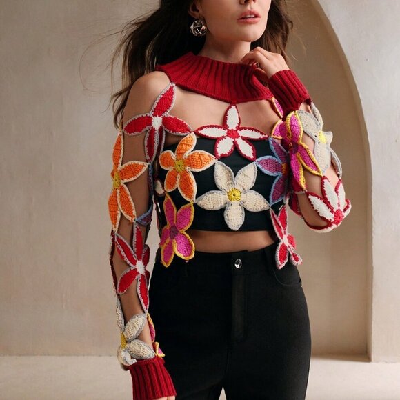 Red Elegant Women's Hand Crochet Lg Sleeve Stand Collar Minimalist Blouse - Picture 5 of 6